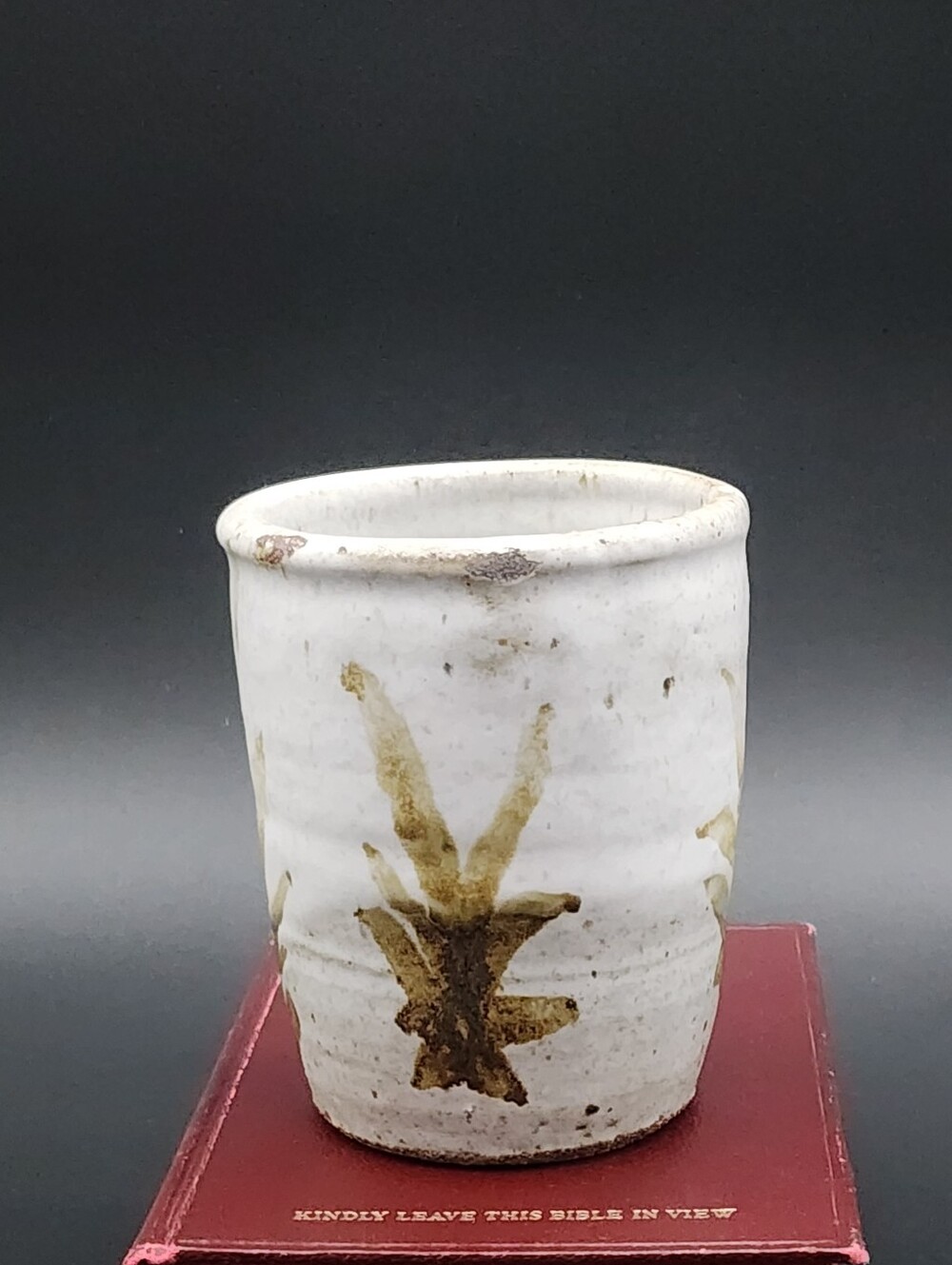 Artisan Japanese Raku Minimalist Neutral Colors Small Cup/Vase w Plant Design